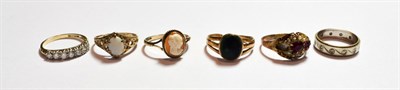 Lot 180 - A 9 carat gold cameo ring, finger size O; a 9 carat gold pink stone and seed pearl ring (a.f.); a 9