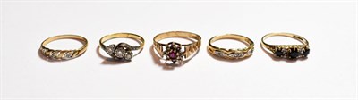 Lot 186 - A 9 carat gold sapphire and diamond ring, finger size P1/2; a 9 carat gold gemset cluster ring,...