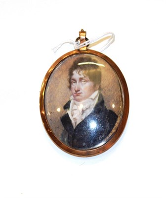 Lot 214 - English school (19th century) Miniature bust portrait of a gentleman, wearing a white stock and...