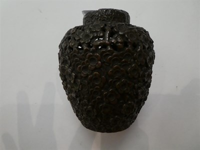 Lot 220 - A Japanese bronzed pot pouri jar and cover, Meiji period, pierced prunus decoration; together...