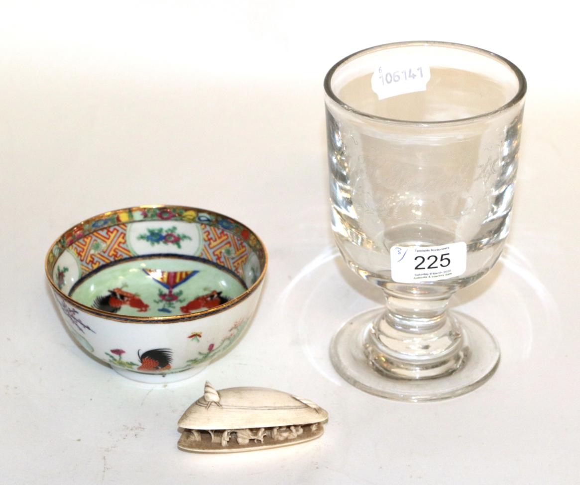 Lot 225 - A 19th century Masonic rummer dated 1869; a 19th century carved ivory shell; and an Oriental bowl