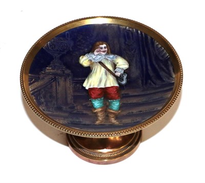Lot 228 - A small brass and enamelled comport depicting a cavalier figure, indistinctly signed