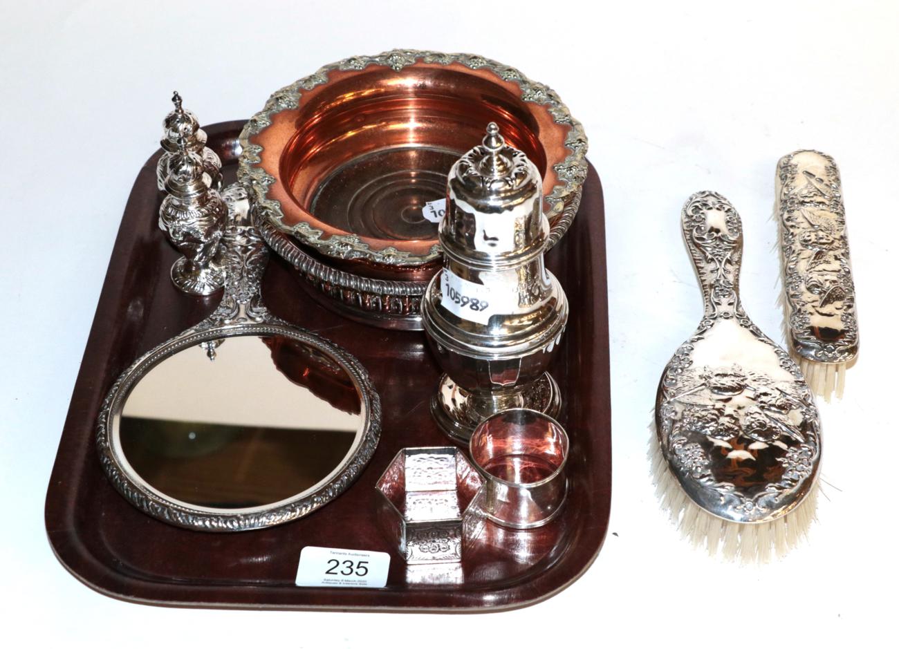 Lot 235 - A collection of silver and silver plate, including: a George V silver sugar-caster, Birmingham,...