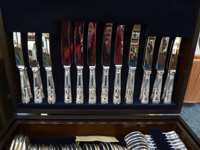 Lot 245 - Silver-plated Kings pattern flatware for approximately twenty-four place settings, housed in...