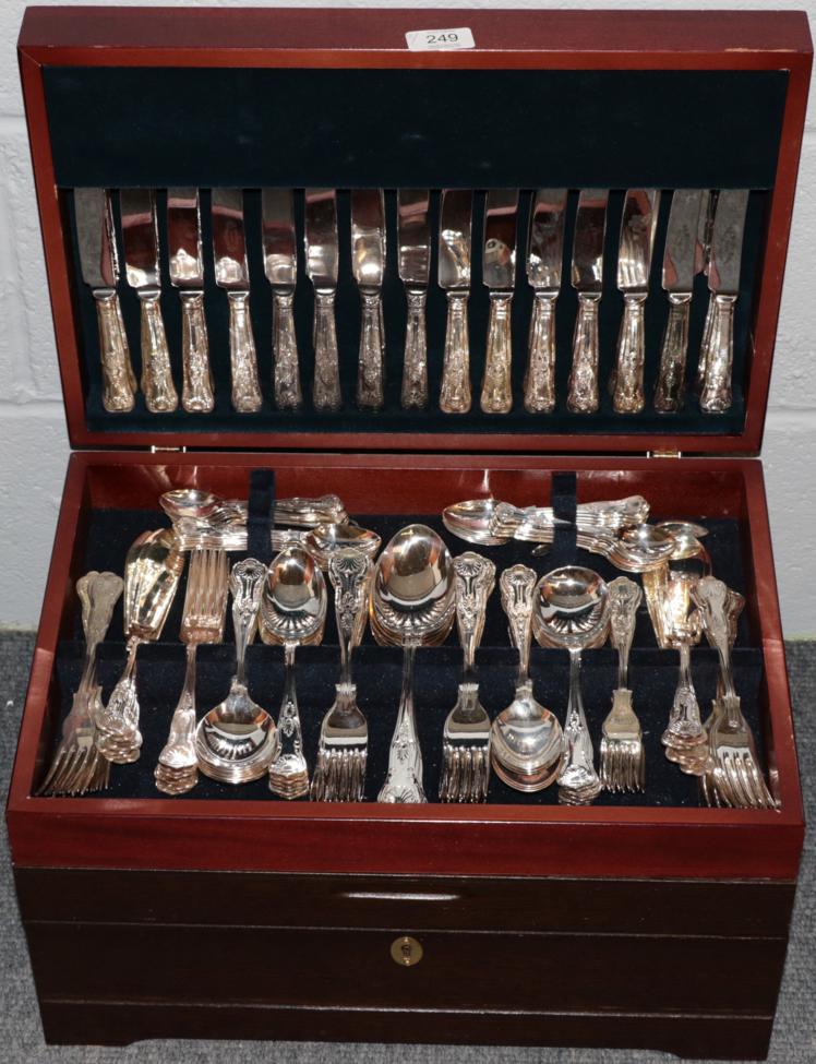 Lot 249 - Silver-plated Kings pattern flatware for approximately twenty-four place settings, housed in...