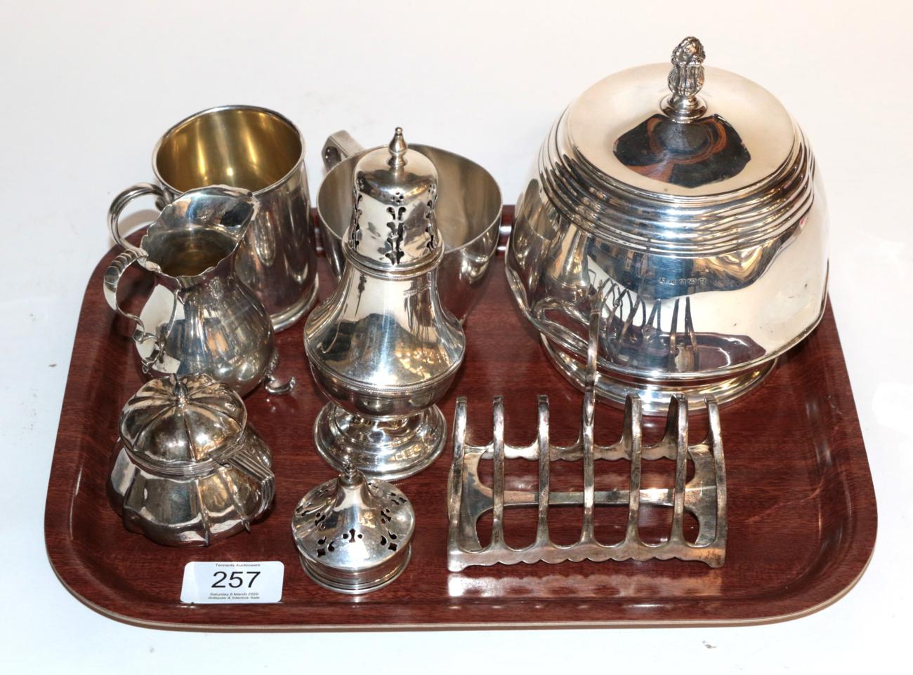 Lot 257 - A collection of assorted silver, including: a George VI silver Art Deco style canister, by...
