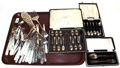 Lot 258 - A collection of assorted silver, silver-mounted and silver plate-mounted flatware, including:...