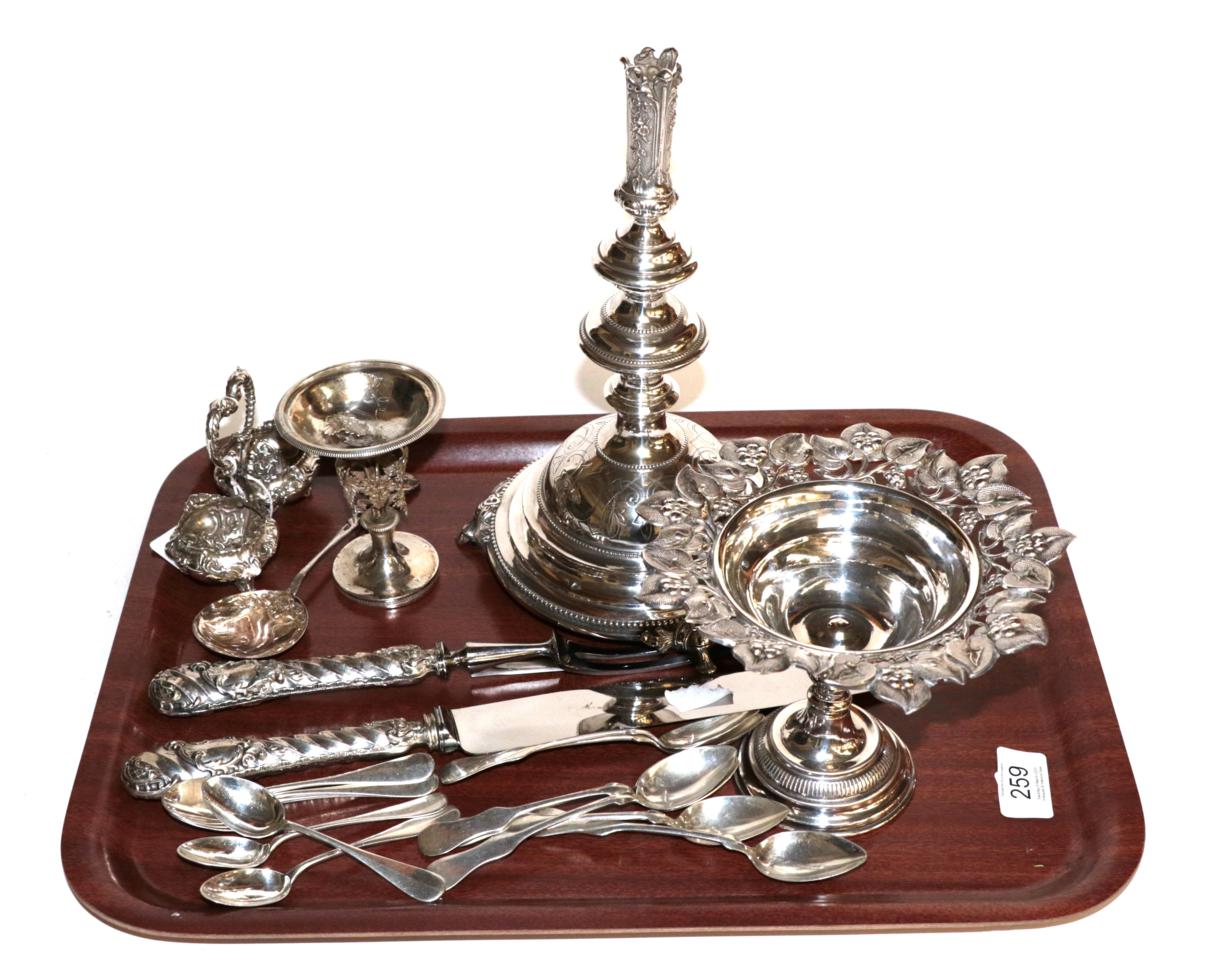 Lot 259 - A collection of silver and silver plates, including: an Austro-Hungarian silver stand for a trumpet