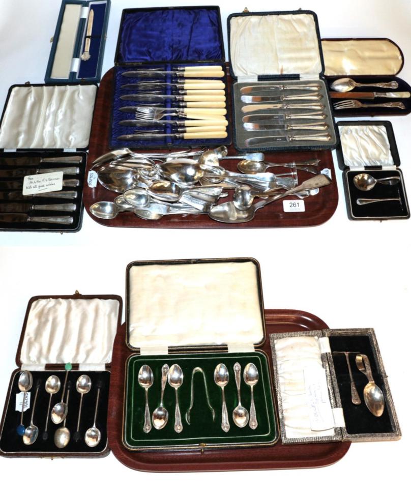 Lot 261 - A collection of George III and later silver flatware, including: nine Old English pattern...