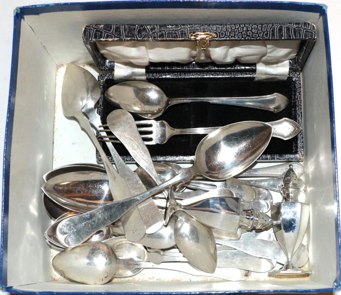 Lot 264 - A group of American silver, including: a set of eight coin silver spoons, by Fiske and Goddard,...