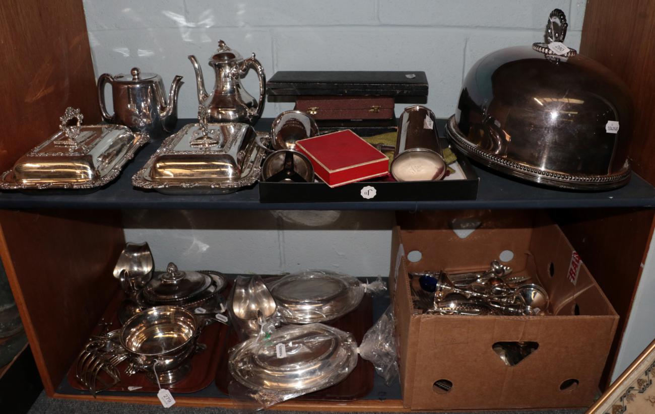Lot 279 - A collection of silver plate, including: a pair of entree-dishes and cover, with Celtic knot...