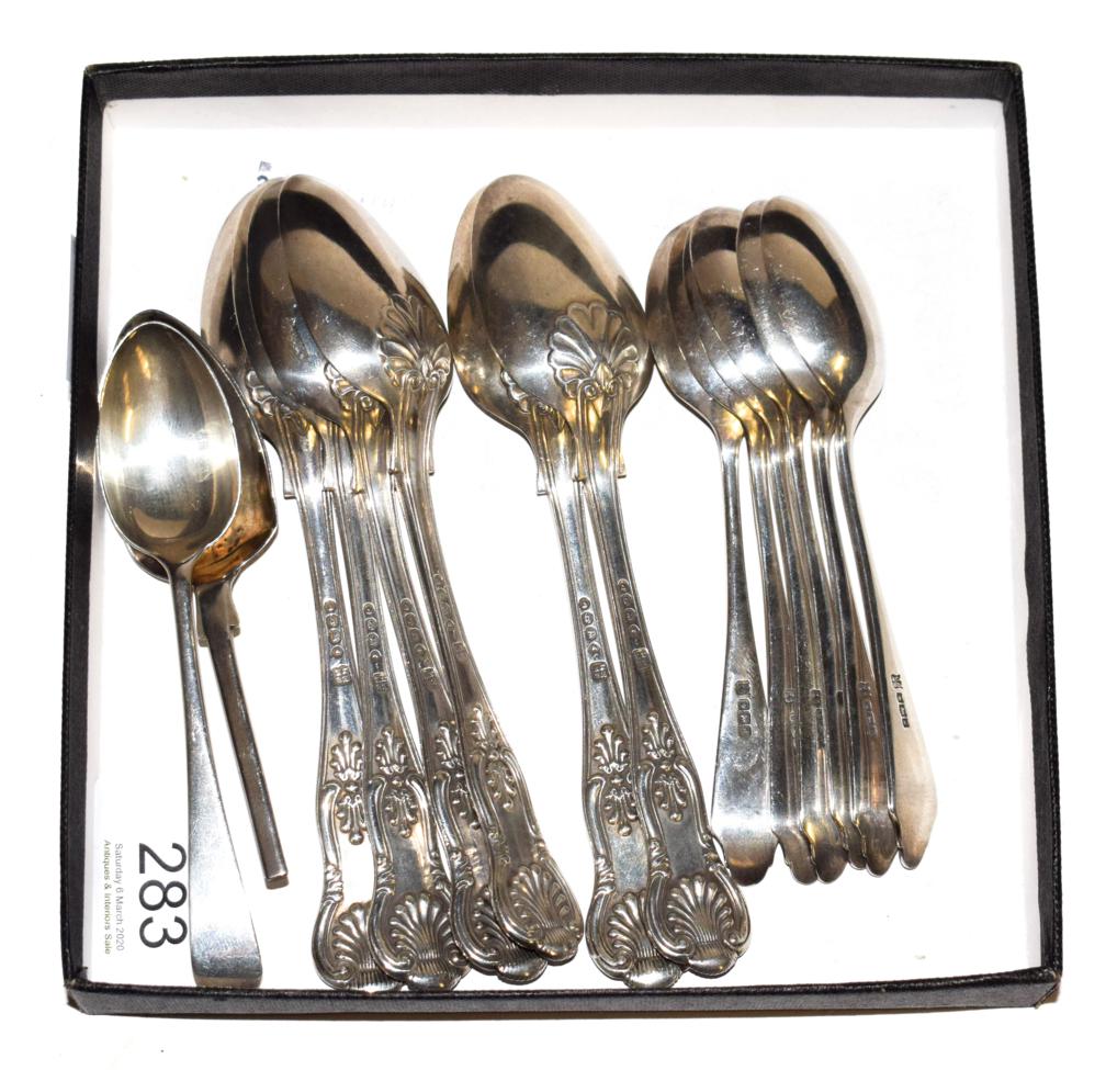 Lot 283 - A collection of silver flatware, including: a set of six King's pattern teaspoons, engraved with an