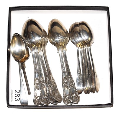 Lot 283 - A collection of silver flatware, including: a set of six King's pattern teaspoons, engraved with an