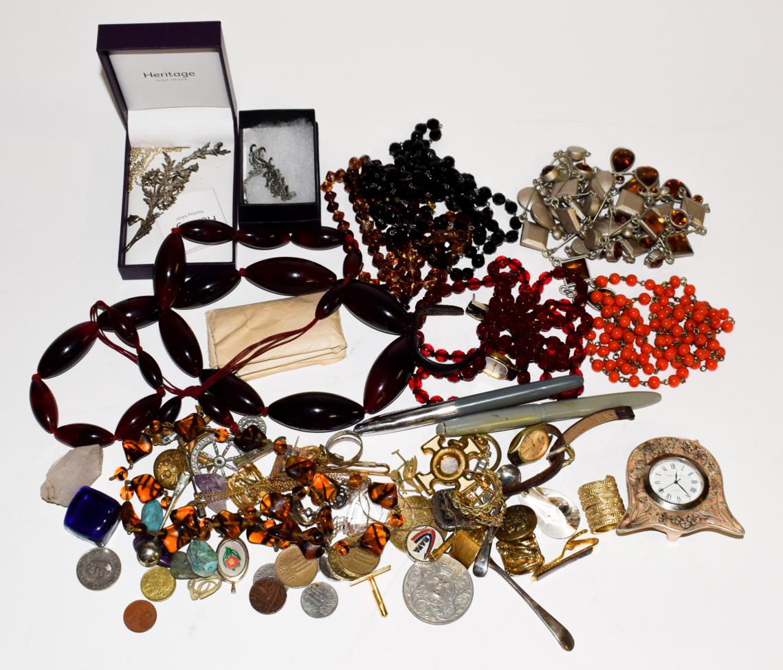 Lot 288 - A box of costume jewellery including amber type beads, wristwatches and two fountain pens etc