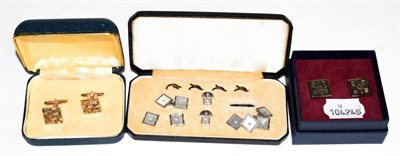 Lot 292 - A pair of 9 carat gold cufflinks; a dress stud set, stamped 'SILVER' (a.f.); and a pair of...