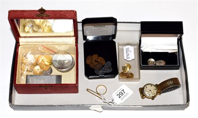 Lot 297 - A 9 carat gold band ring, finger size M; a bar brooch, stamped '9CT'; a Dunhill lighter; coins; and