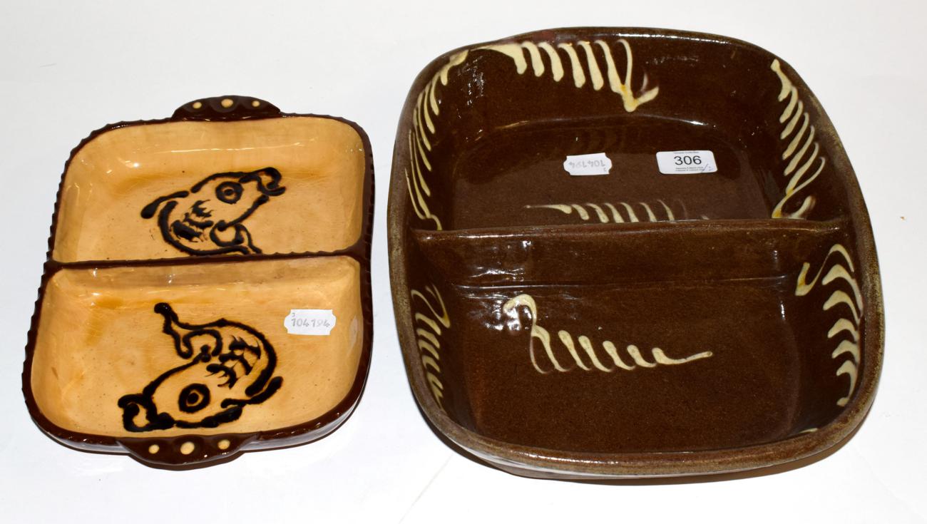 Lot 306 - A 19th century slipware dish, twin compartmental, simple slip applied decoration; together with...