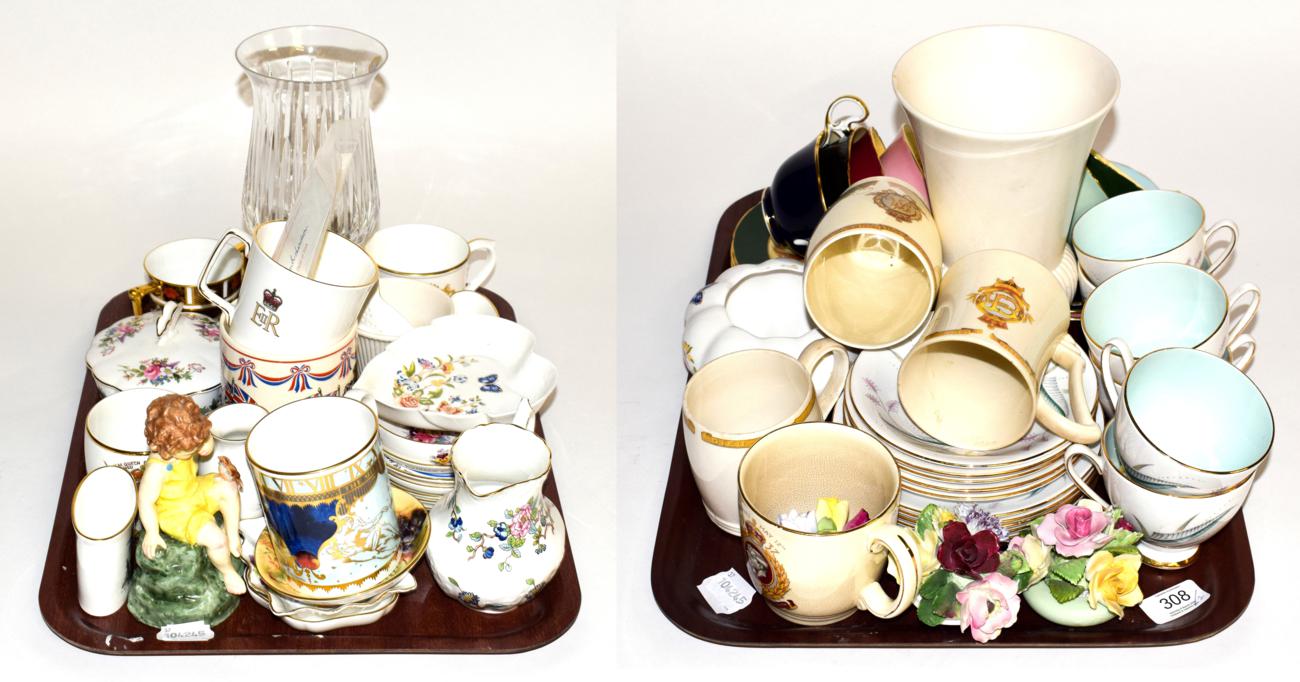 Lot 308 - Two trays including commemorative china; Aynsley; a Royal Worcester figure ''Fridays Child''; and a