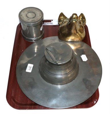 Lot 311 - Pewter mould, pewter inkstand dish etc, brass bed warming pan and a set of early fire irons