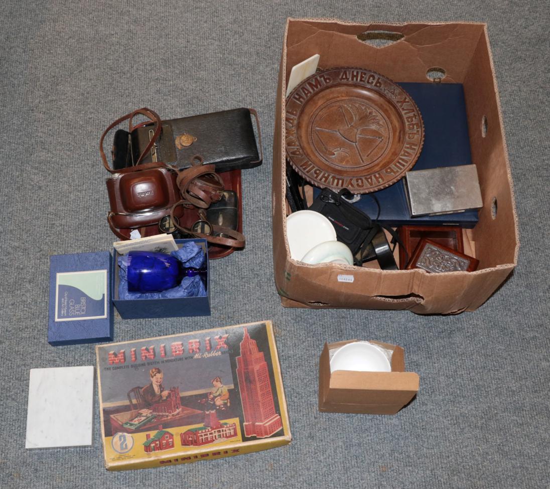 Lot 315 - A tray including military compass; binoculars; assorted cameras; Minibrix game etc