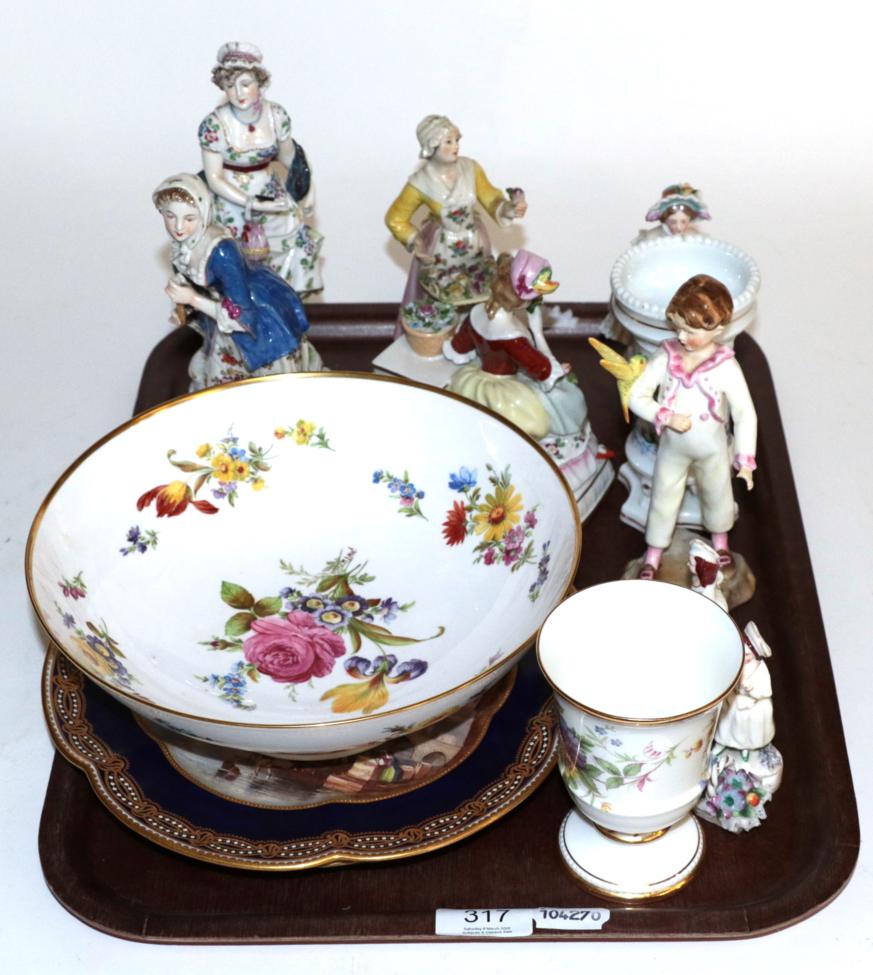 Lot 317 - A Meissen style porcelain figure of a flower seller, marked R1762; with other Continental...