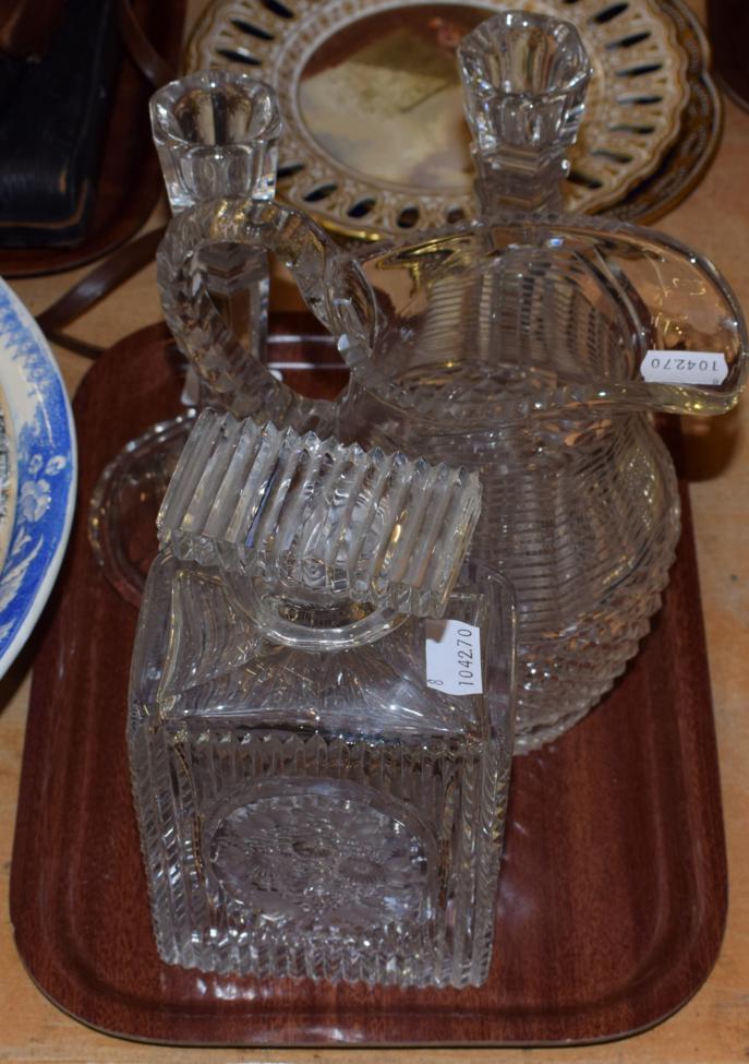 Lot 318 - An early 19th century cut glass decanter and stopper, ribbed form; a similar jug; and a pair of...