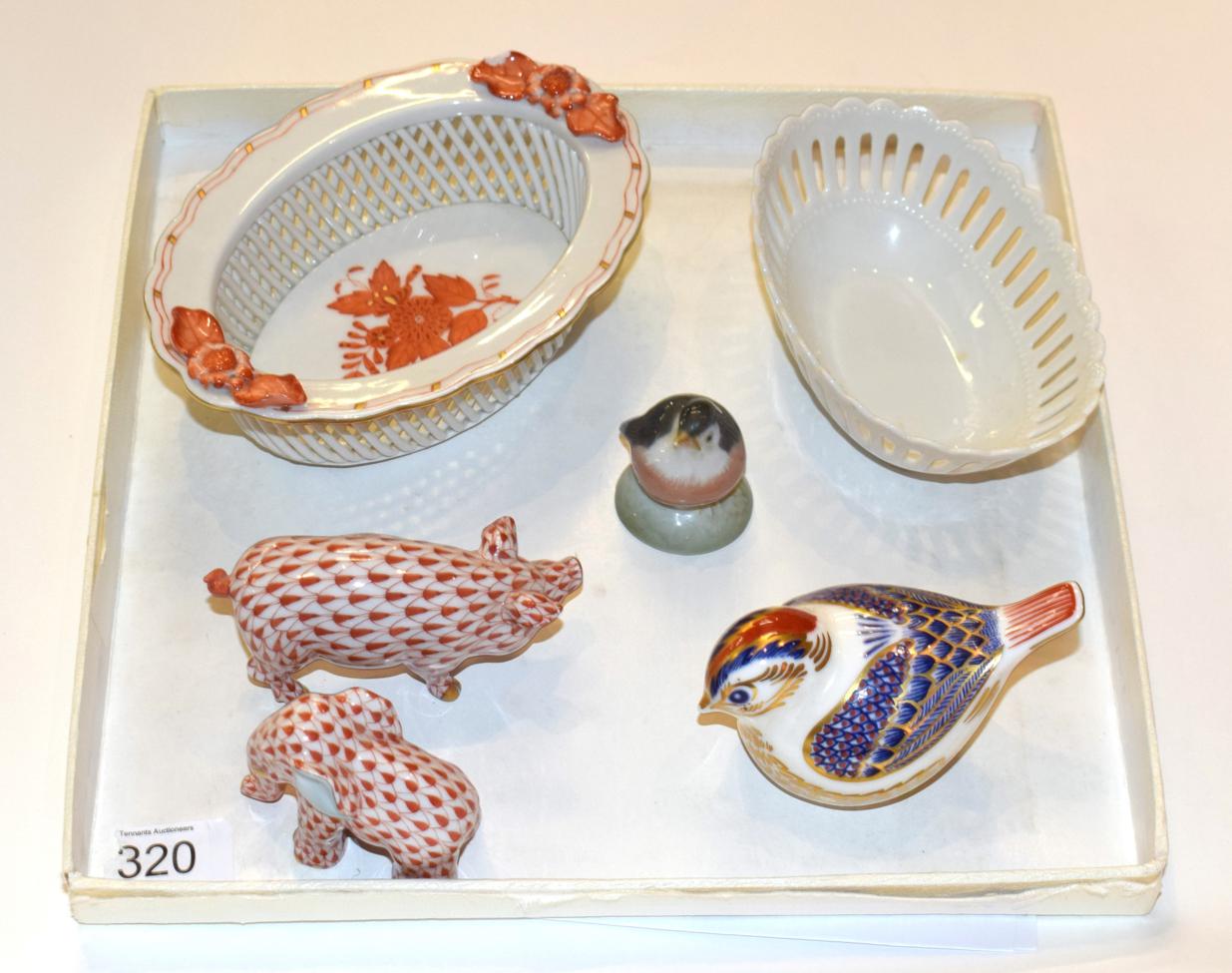 Lot 320 - A tray including a Herend pierced oval dish; a Herend pig; a Herend elephant; a Royal Crown...