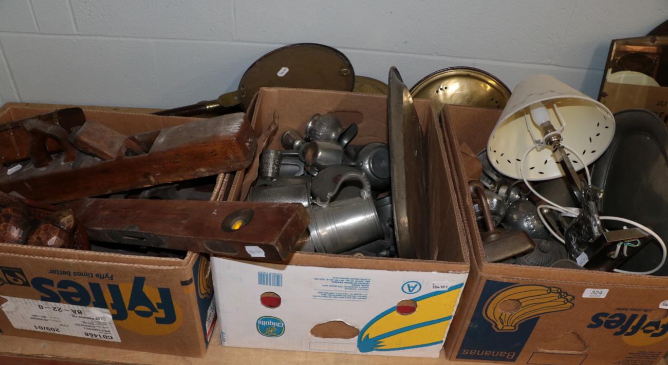 Lot 324 - A mixed quantity of pewter, metal wares, wood planes etc; together with four brass bed warming pans