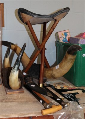 Lot 327 - Two pairs of large mounted cow horns; a folding hunting stool; three white metal mounted...