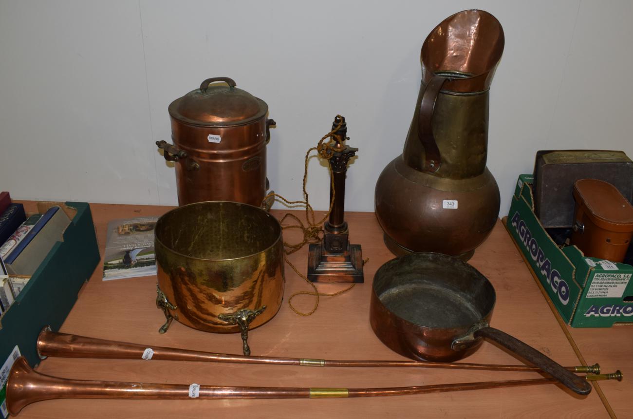 Lot 343 - A copper pan, lamp, two hunting horns, jug etc