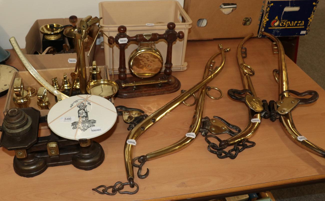 Lot 346 - A good collection of brass including various scales such as salters, horses harness, weights, etc