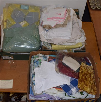 Lot 351 - Three boxes of mixed textiles, linen etc