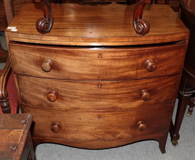 Lot 1278 - A late George III mahogany bow fronted chest on bracket feet with turned handles, 90cm by 49cm...