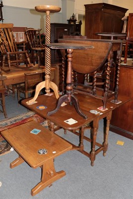 Lot 1295 - Two oak drop leaf tables; a fire screen; a spiral turned plant stand; a chess top tripod table; and