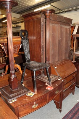 Lot 1299 - An Edwardian mahogany and crossbanded bureau; a George III two drawer bow fronted hall table;...