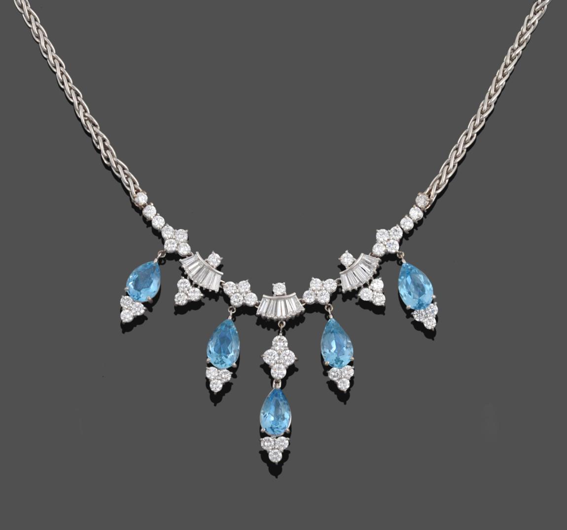 Lot 1011 - An Aquamarine and Diamond Necklace, four clusters of four round brilliant cut diamonds...