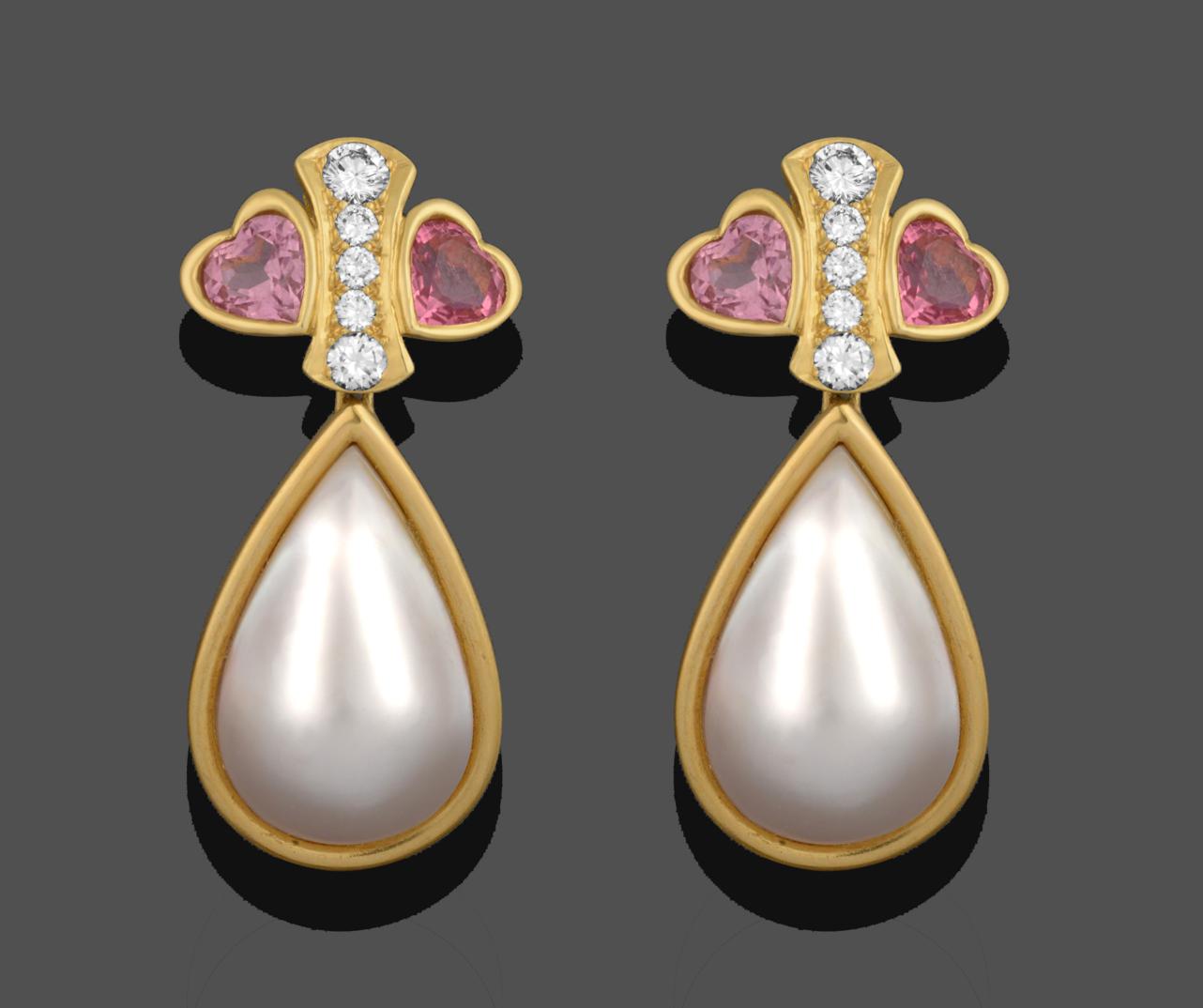 Lot 1022 - A Pair of Diamond, Pink Tourmaline and Mabe Pearl Drop Earrings, a row of five graduated round...