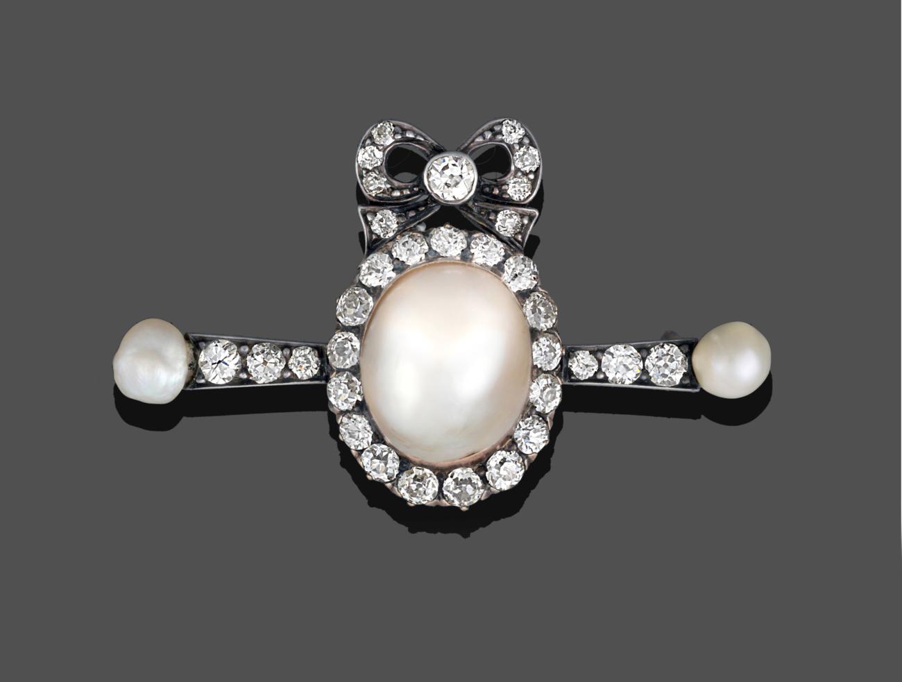 Lot 1059 - A Mabe Pearl and Diamond Brooch, a bow motif set throughout with old cut diamonds surmounts a...
