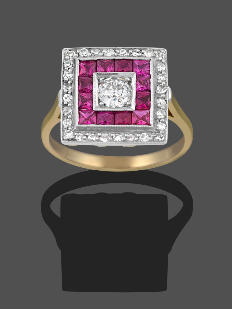 Lot 1064 - An Art Deco Style Ruby and Diamond Ring, the central old cut diamond in a white claw setting,...