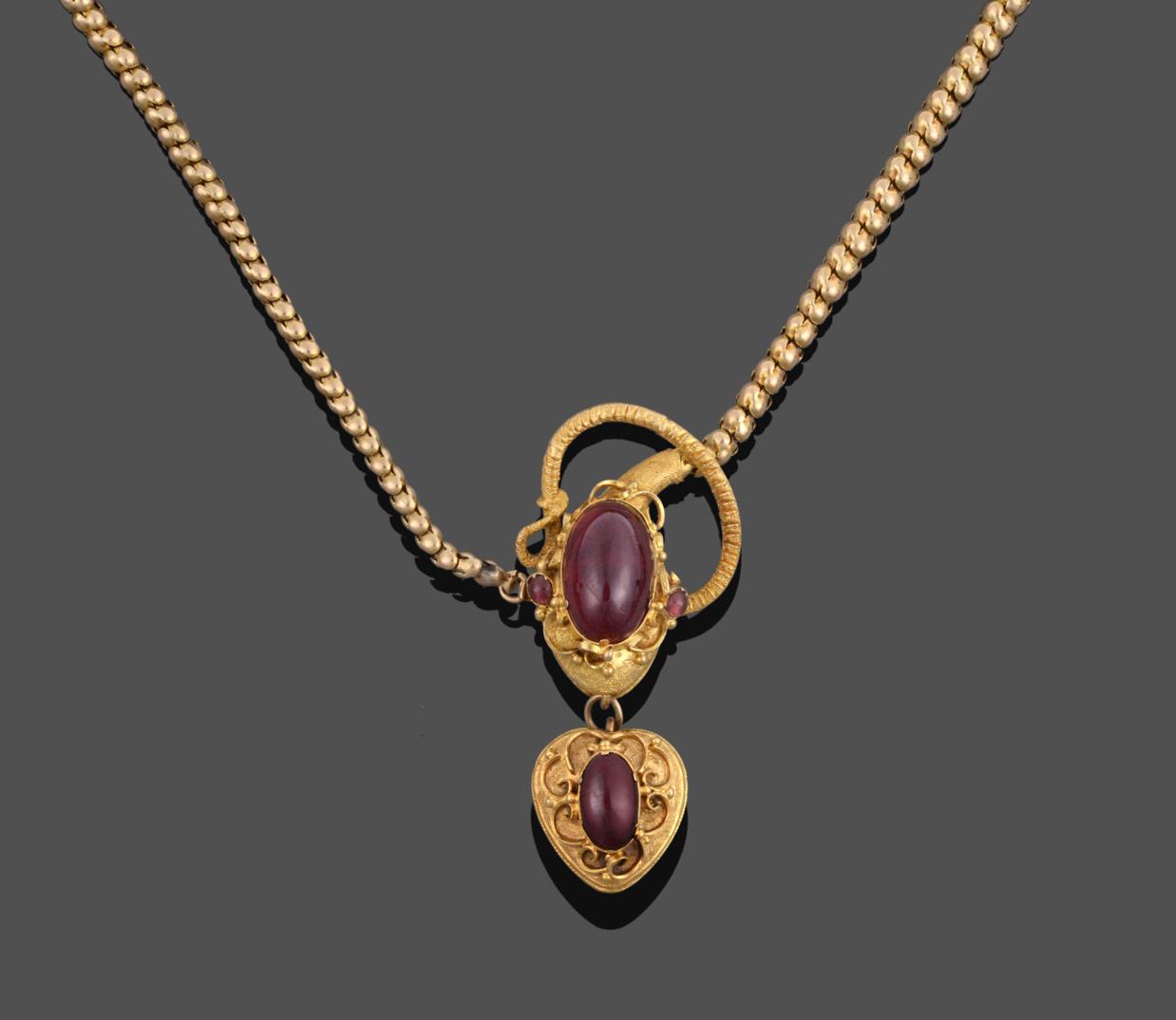 Lot 1092 - A Snake Necklace, the body of fancy graduated links, to a head set with an oval cabochon garnet and