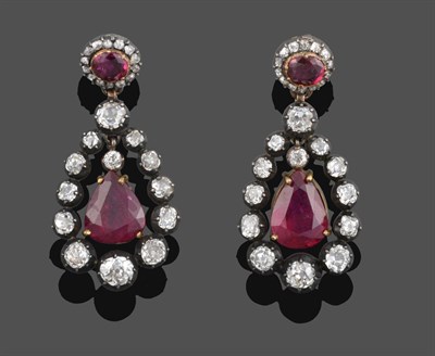 Lot 1093 - A Pair of Georgian Ruby and Diamond Drop Earrings, a round cut ruby in a yellow collet setting...