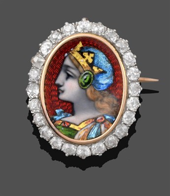 Lot 1103 - An Enamel and Diamond Brooch, the concave central panel enamelled to depict a portrait in a...