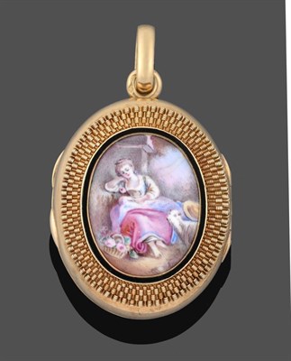 Lot 1110 - A Victorian Enamel Hinged Locket, the central panel depicting a shepherdess scene within a...