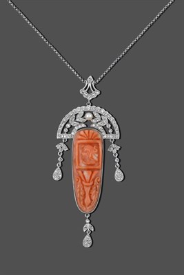 Lot 1112 - An Art Deco Style Coral and Diamond Pendant on Chain, a carved coral plaque depicting a bust...