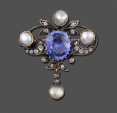 Lot 1122 - A Sapphire, Diamond and Mabe Pearl Brooch, circa 1890, an oval cut sapphire in a yellow claw...