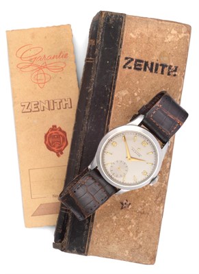 Lot 1175 - A Rare Stainless Steel Wristwatch, signed Zenith, Chronometre, 1954, (calibre 135) lever...