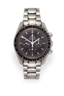 Lot 1180 - A Stainless Steel Chronograph Wristwatch, signed Omega, model: Speedmaster Professional Moon Watch
