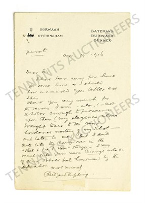 Lot 2050 - Kipling (Rudyard) Autograph Letter Signed, in response to a poet who has asked for Kipling's...