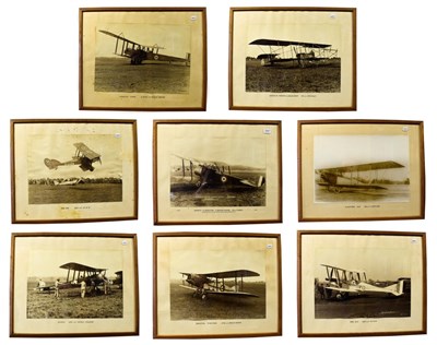 Lot 2067 - Early Aviation Eight large monochrome photographs depicting early aeroplanes, comprising;...