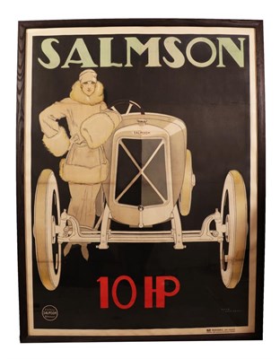 Lot 2145 - A Salmson 10 HP Lithographic Poster, after Rene Vincent, French 1920's, printed by Riegel,...